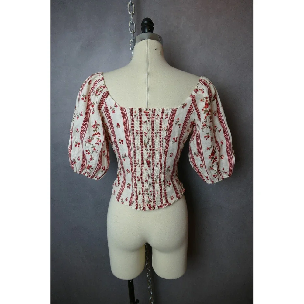 Reformation Romi Striped Floral Corset Puff Sleeve Square Neck Hook and Eye SZ 6